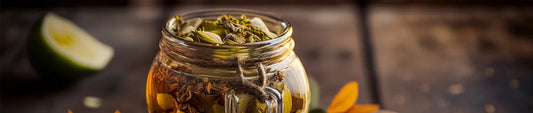 illustration of glass jar of leaves