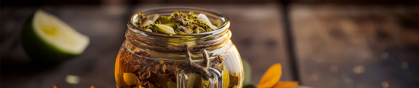 illustration of glass jar of leaves